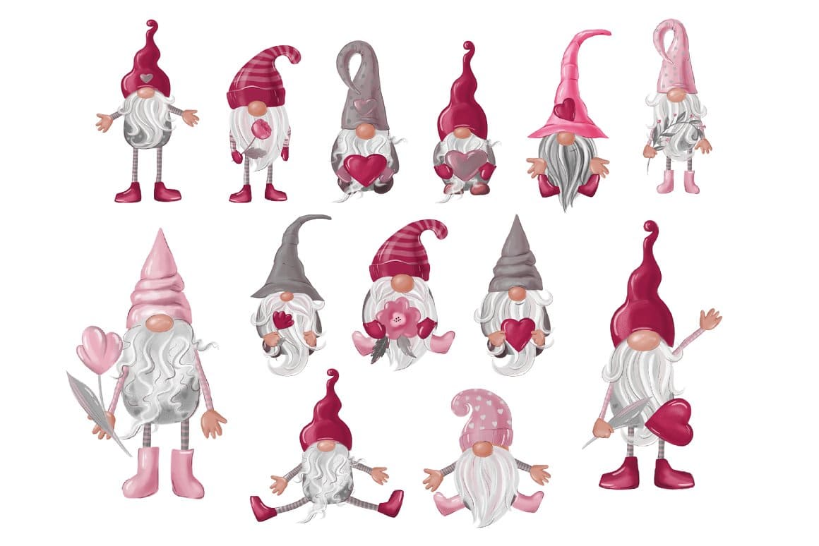 Romantic gnomes in burgundy, pink and gray caps.