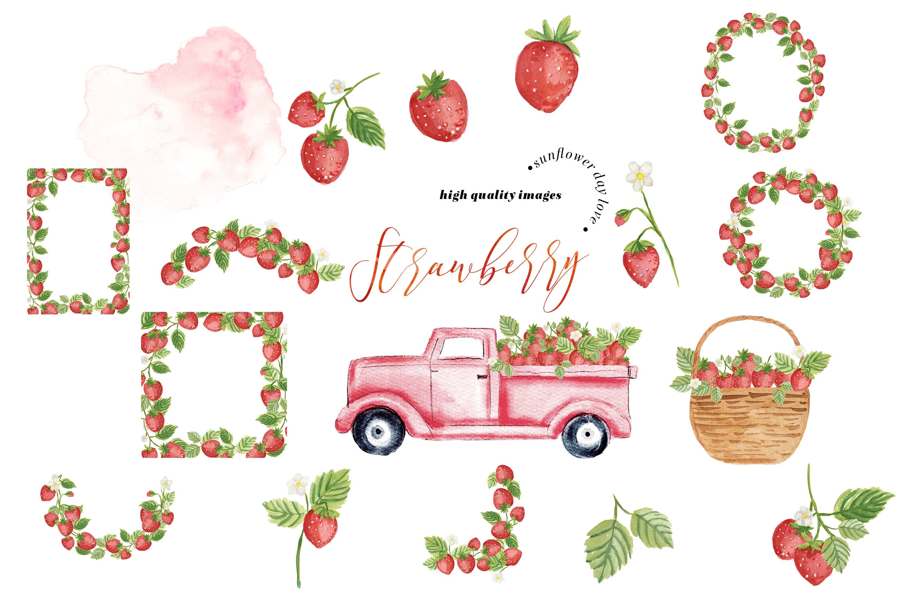 Illustration of a pink pickup truck with strawberries inside.
