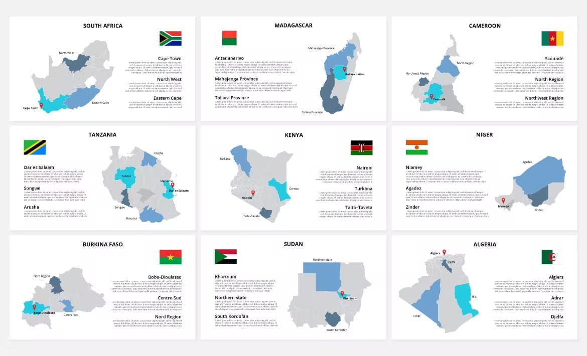 Animated Powerpoint slides of Sudan. Tanzania, Uganda and other African country.