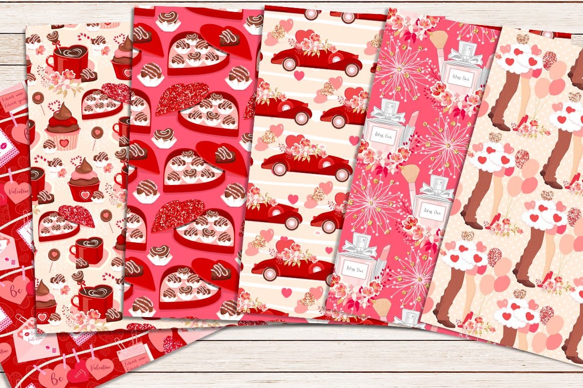 Six sample patterns with pink pictures of sweets, red cars and relationships between a man and a woman.