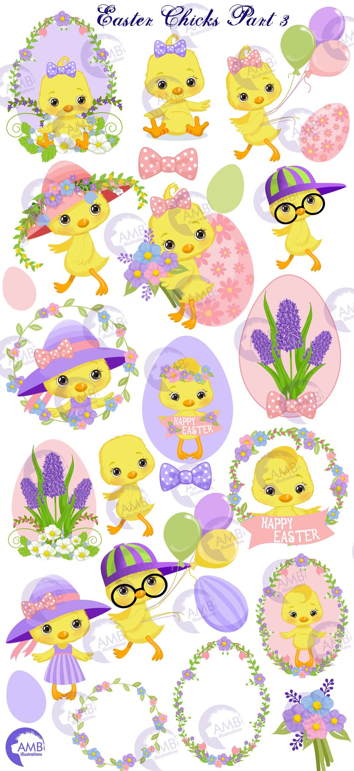 Chickens with flowers and inscriptions about Happy Easter are depicted on a white background.