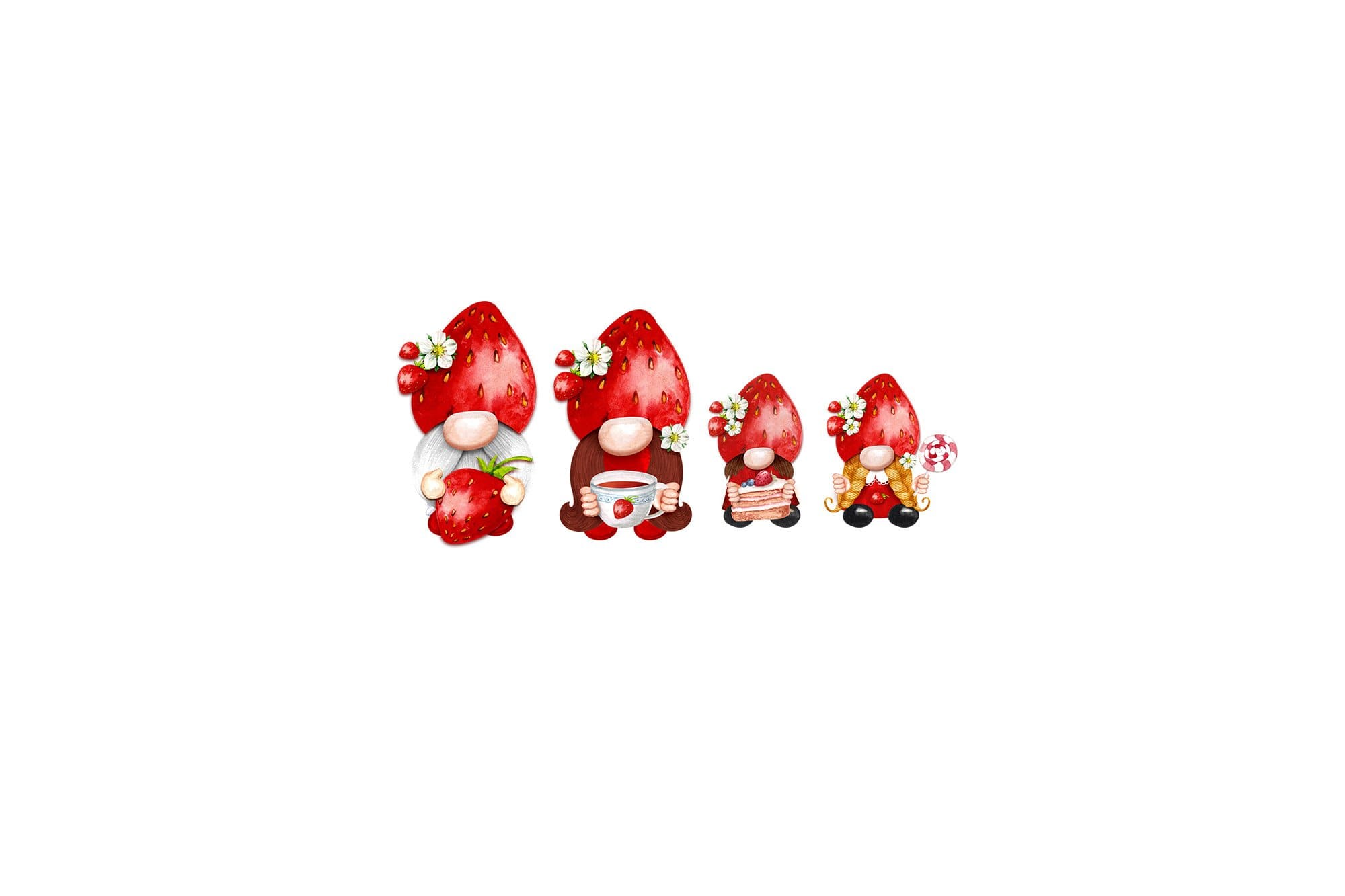 Image of a family of gnomes wearing strawberry hats on the white background.