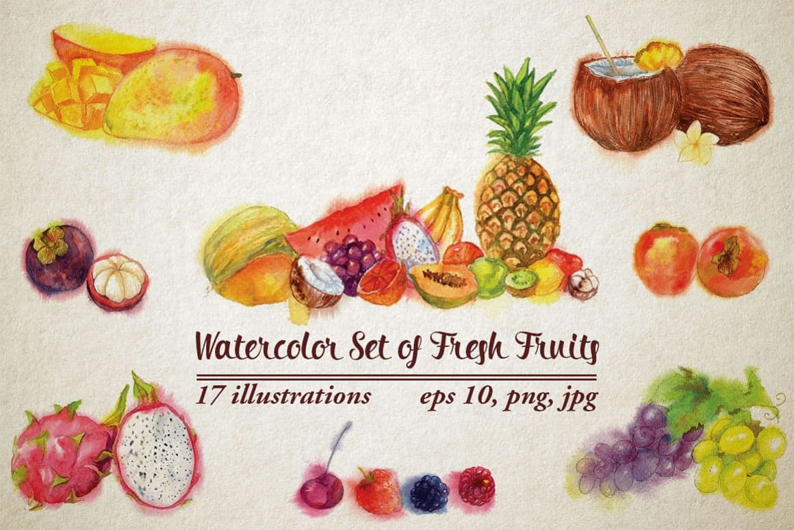 17 illustrations of Watercolor Set of Fresh Fruits.