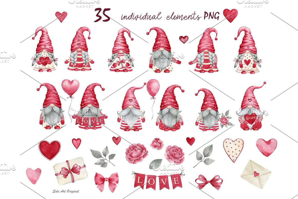 35 individual elements PNG of Valentine's Day Gnomes Girls / Boys.