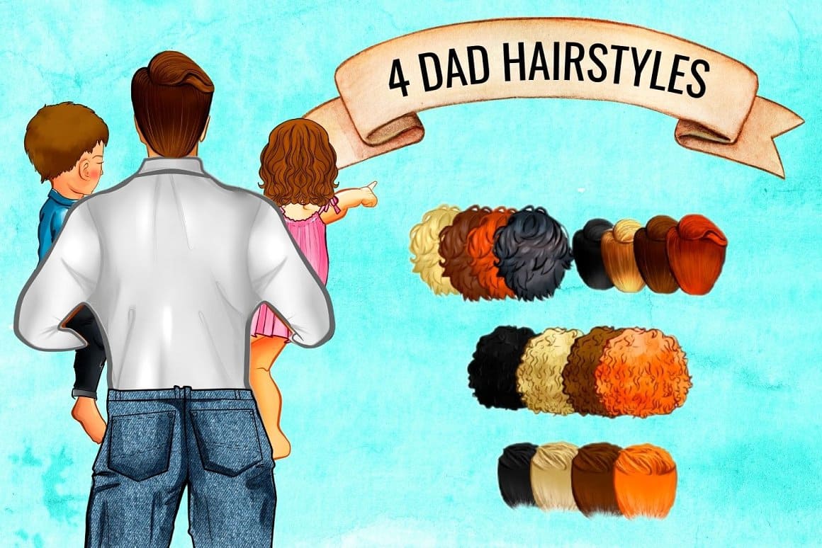 Four variants of the father's hairstyle are drawn on a blue background.