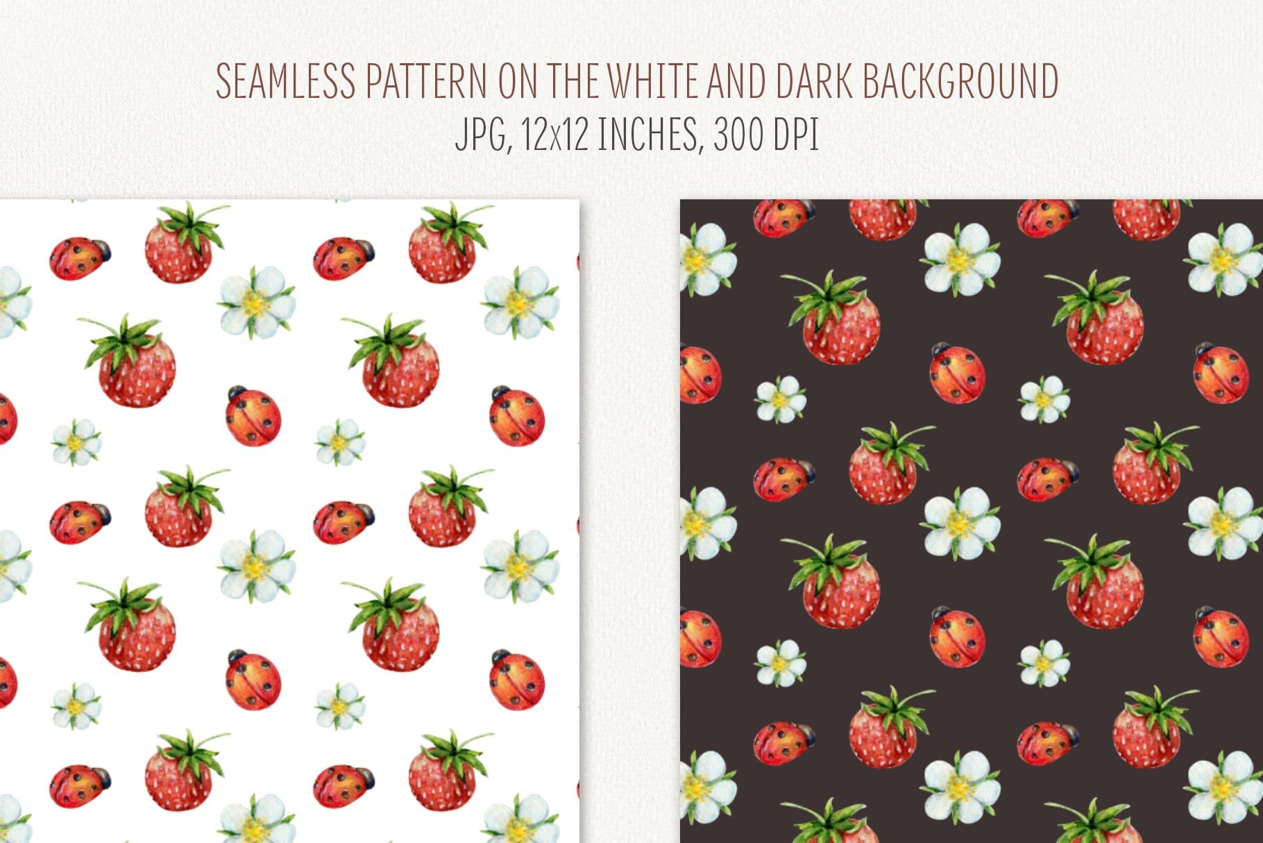 Red strawberries and white strawberry flowers on white and black backgrounds.