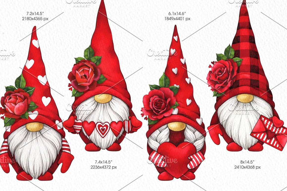 Valentine Gnomes with a thick gray beard in red clothes with hearts.