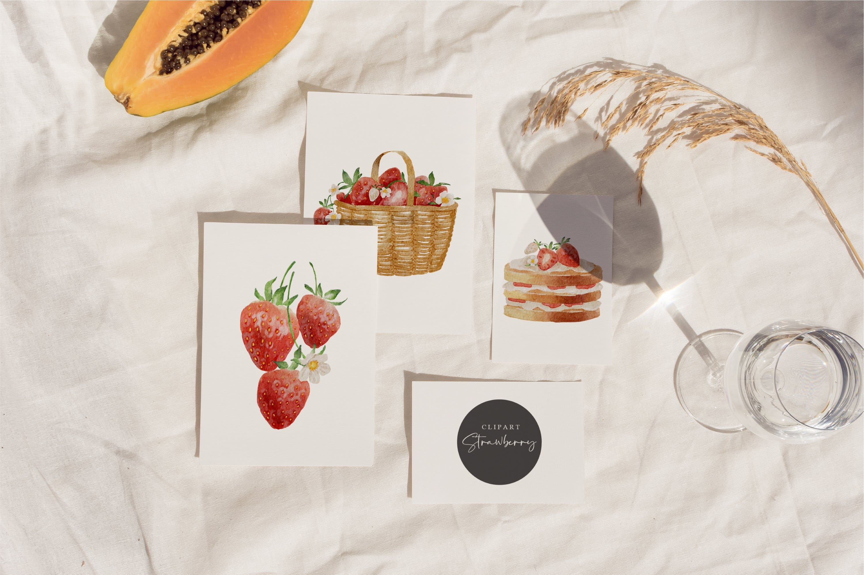 Three cards with drawn watercolor strawberries, a basket with strawberries and a cake with strawberries.
