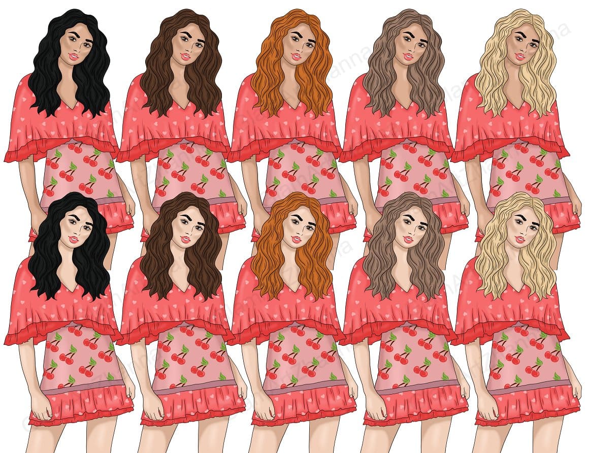 Illustration with girls in pink dresses with different hair colors.