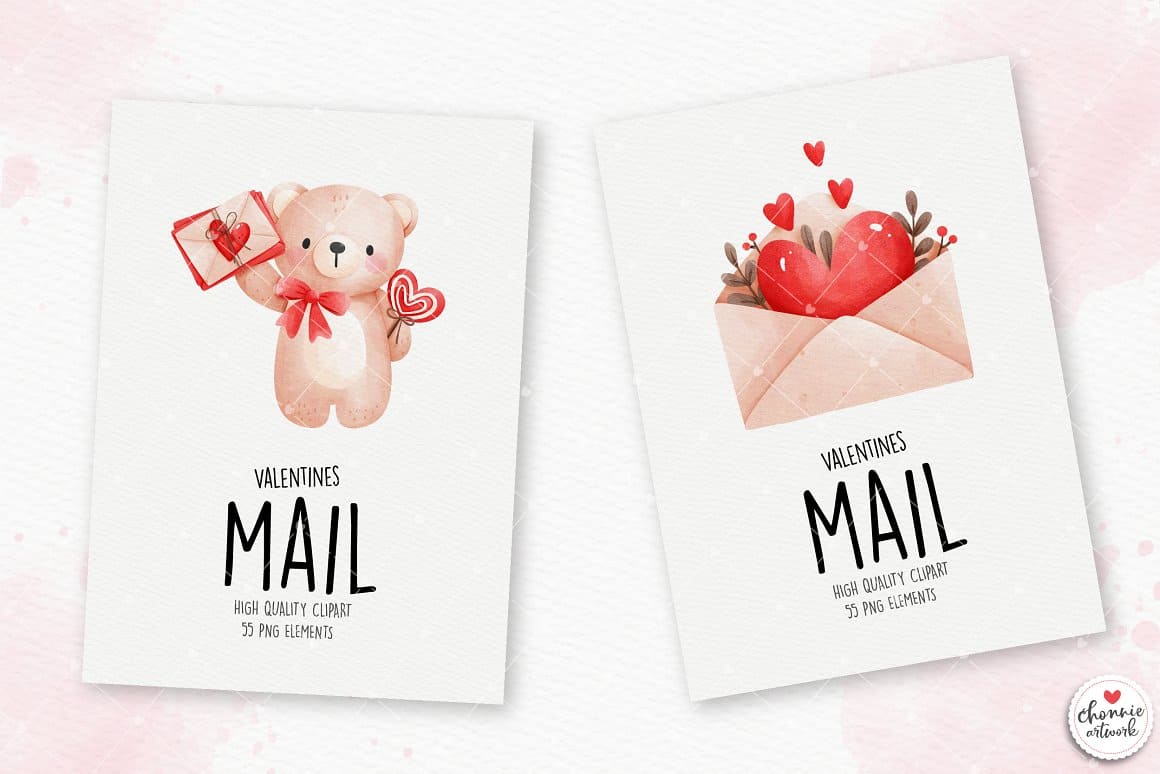 Two white cards with an image of an envelope with a heart and a Valentine bear.