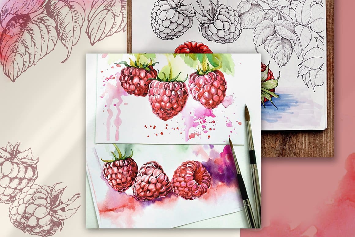 An almost real raspberry is painted in watercolor on a white sheet of paper.