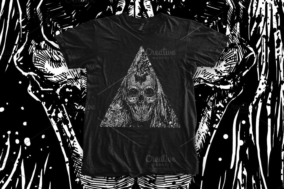 Black t-shirt with a danger triangle print with a black and white skull pattern.