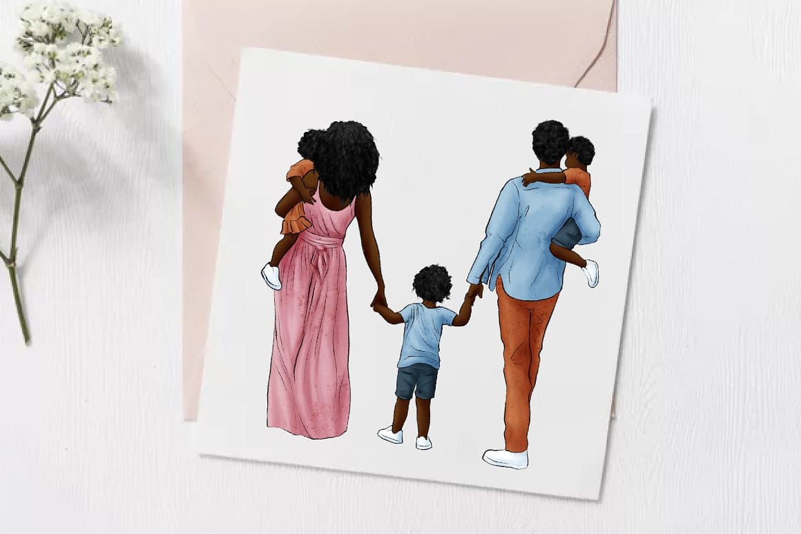 A dark-skinned family with three children is drawn on a white card.