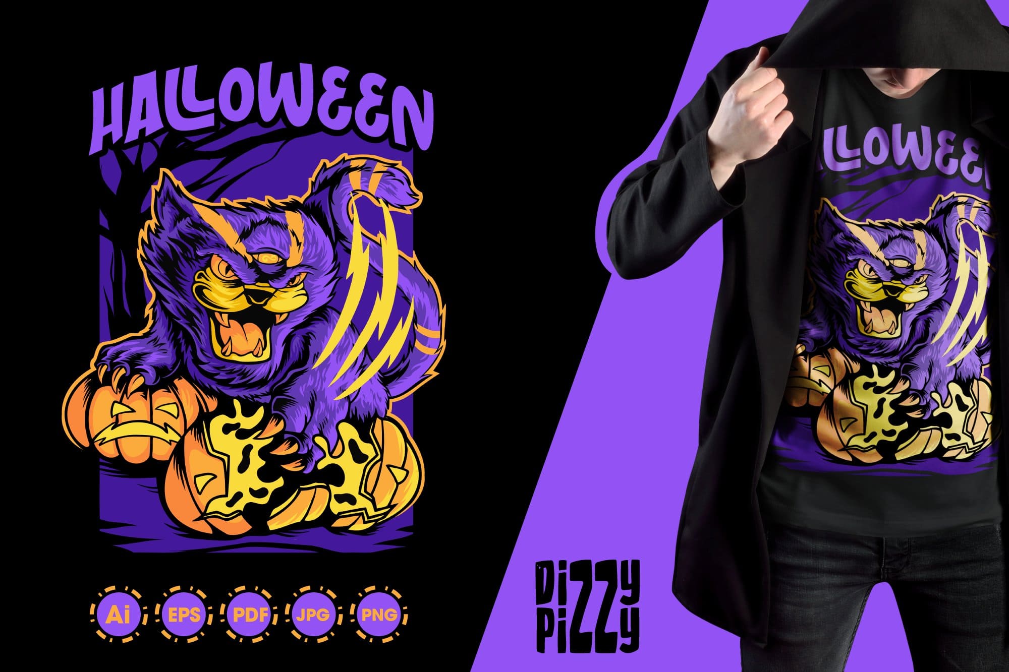Purple Halloween cat with a third eye on a black hoodie.
