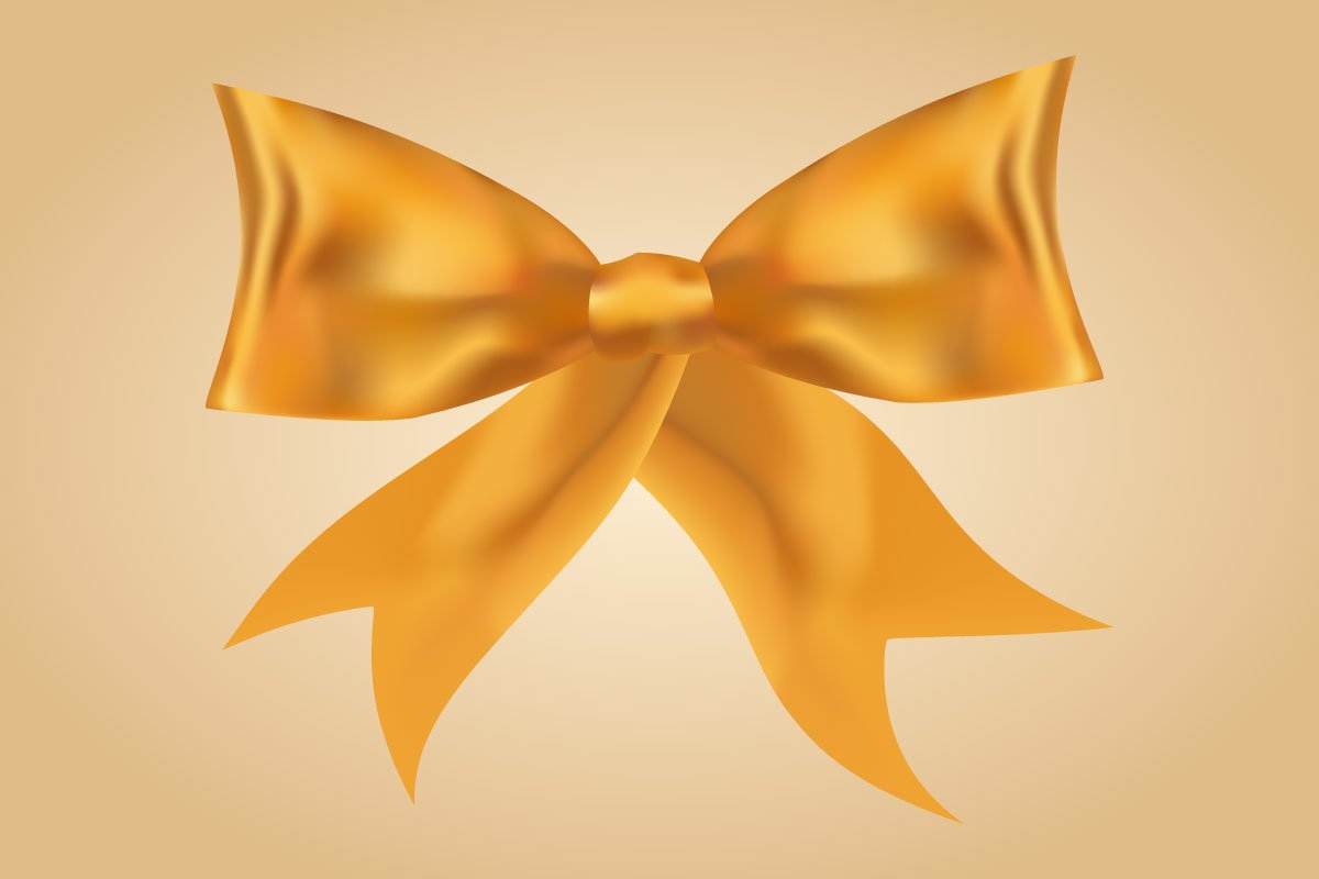 Gold bow to images of Christmas decorations.