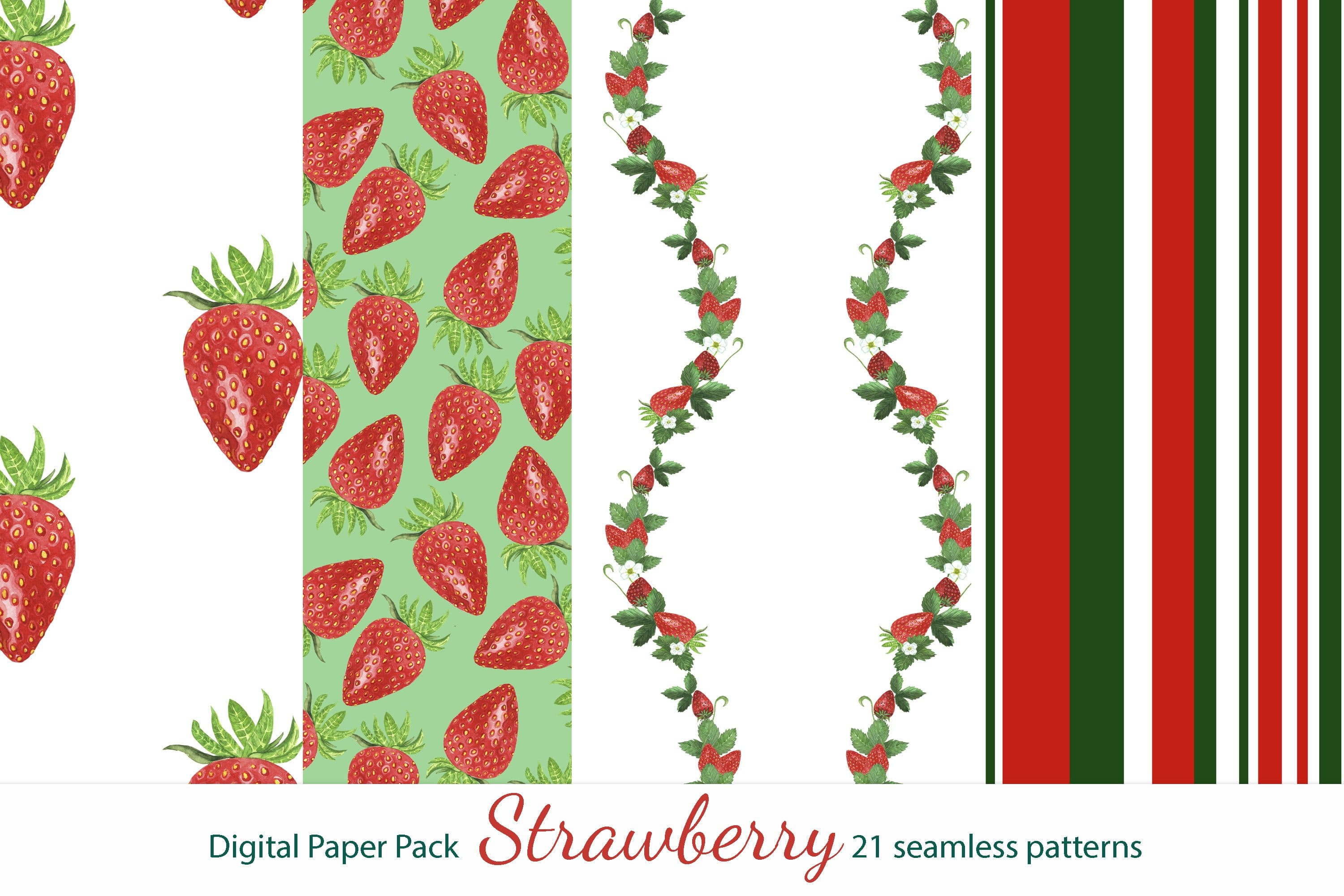 Strawberry digital paper pack in green, red and white.