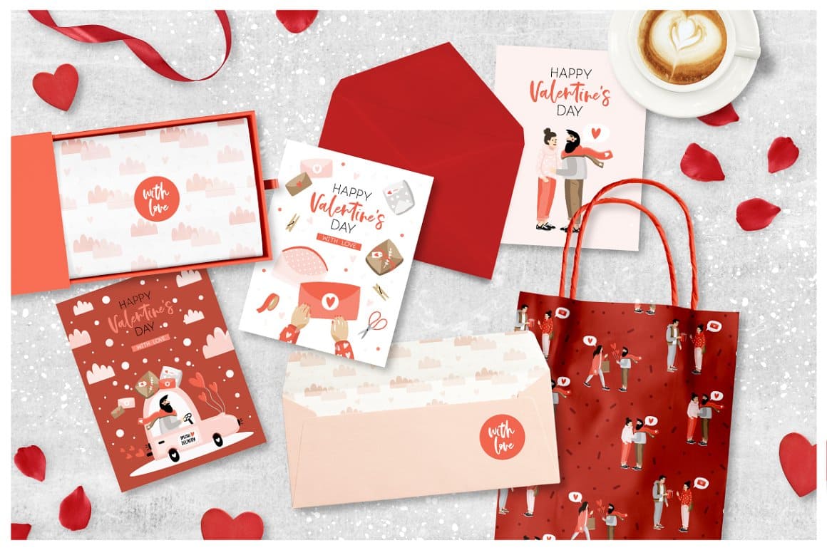 Romantic graphics on envelopes, postcards and cardboard packages.