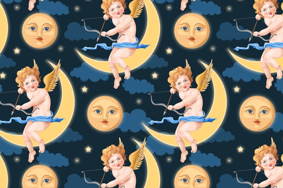 A yellow moon and cupid with wings are depicted on a dark blue background.