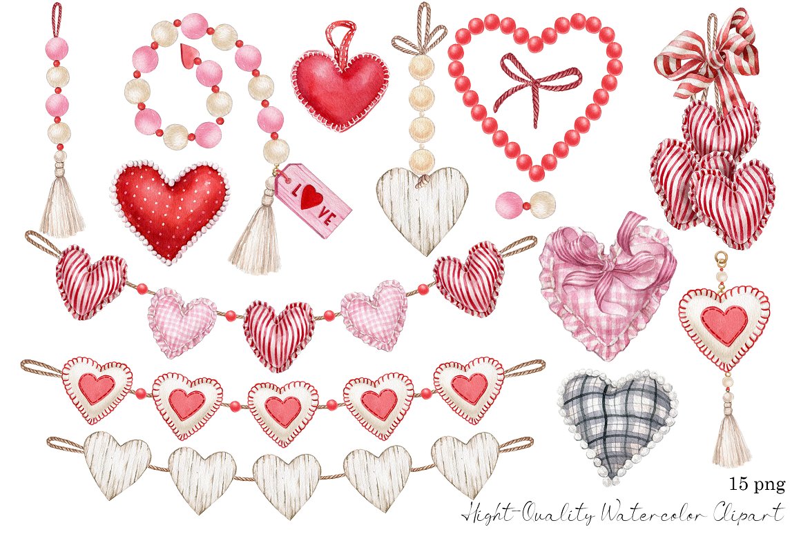 15 PNG - Hight-Quality Watercolor Clipart, Valentine bunting heart.