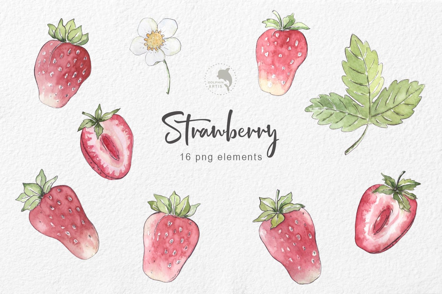 Watercolor image of whole and cut strawberries.