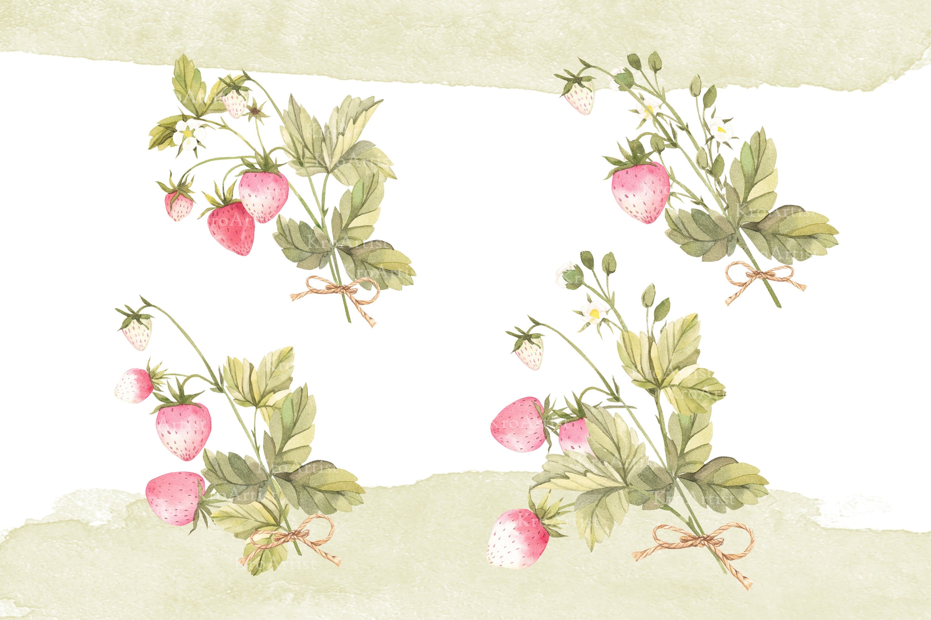 Illustration with four strawberry bushes on a white background.