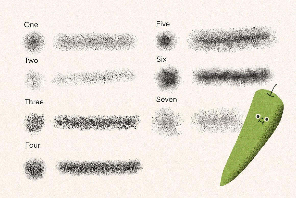 Seven examples of Noisy Brushes for Procreate.