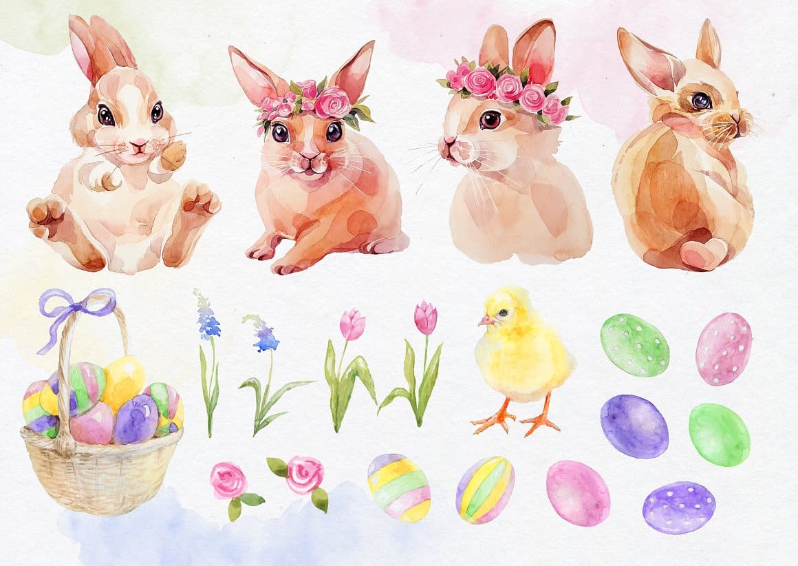 Easter design elements: rabbits, chickens, etc.