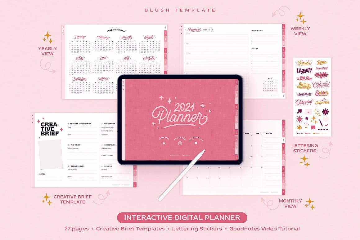Blush template of interactive digital planner.