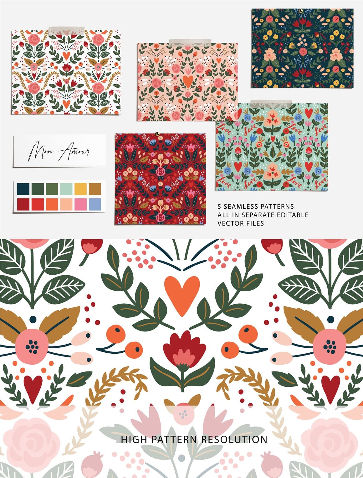 5 seamless patterns all in separate editable vector files.