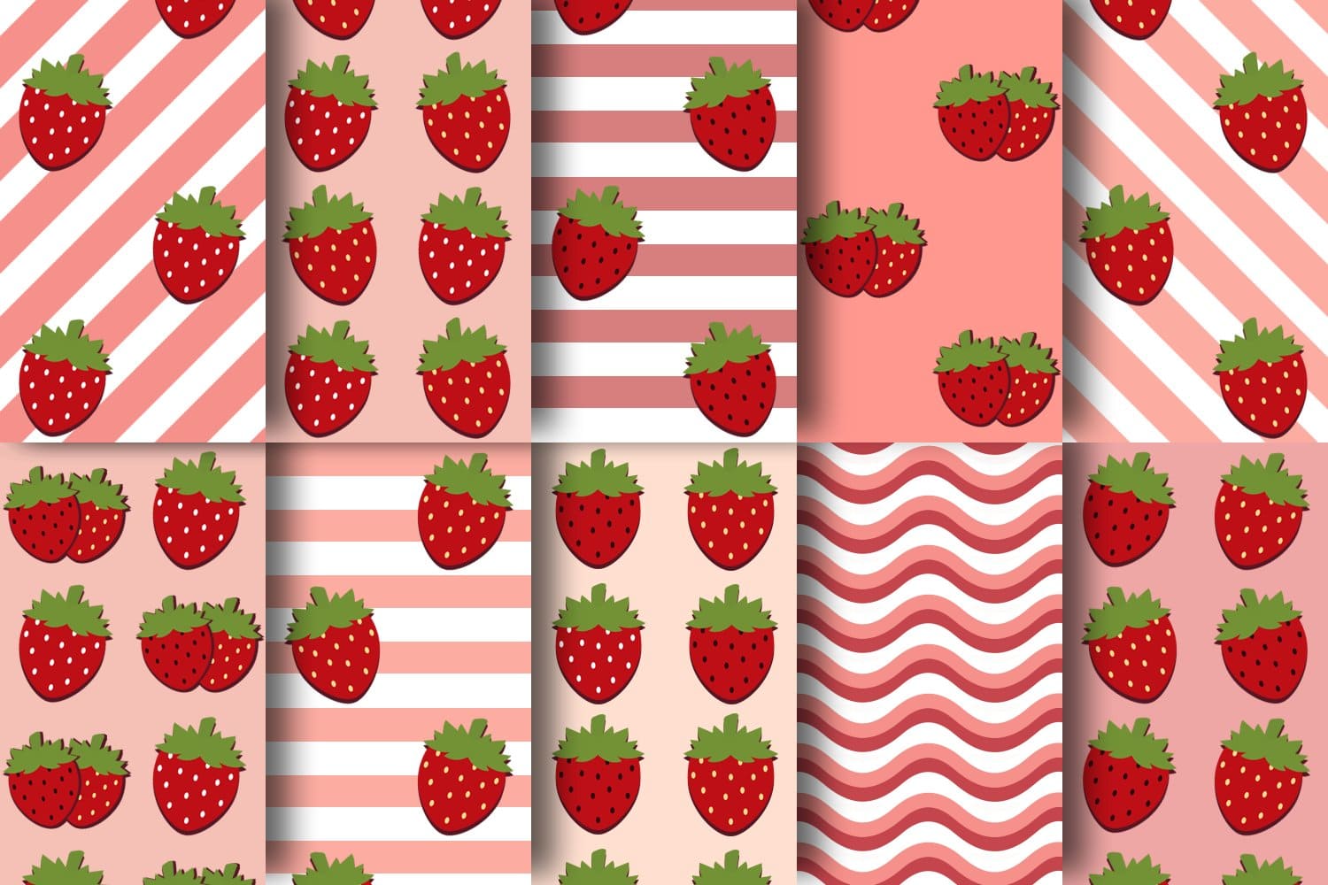 Strawberries are drawn on pink or white-pink backgrounds.