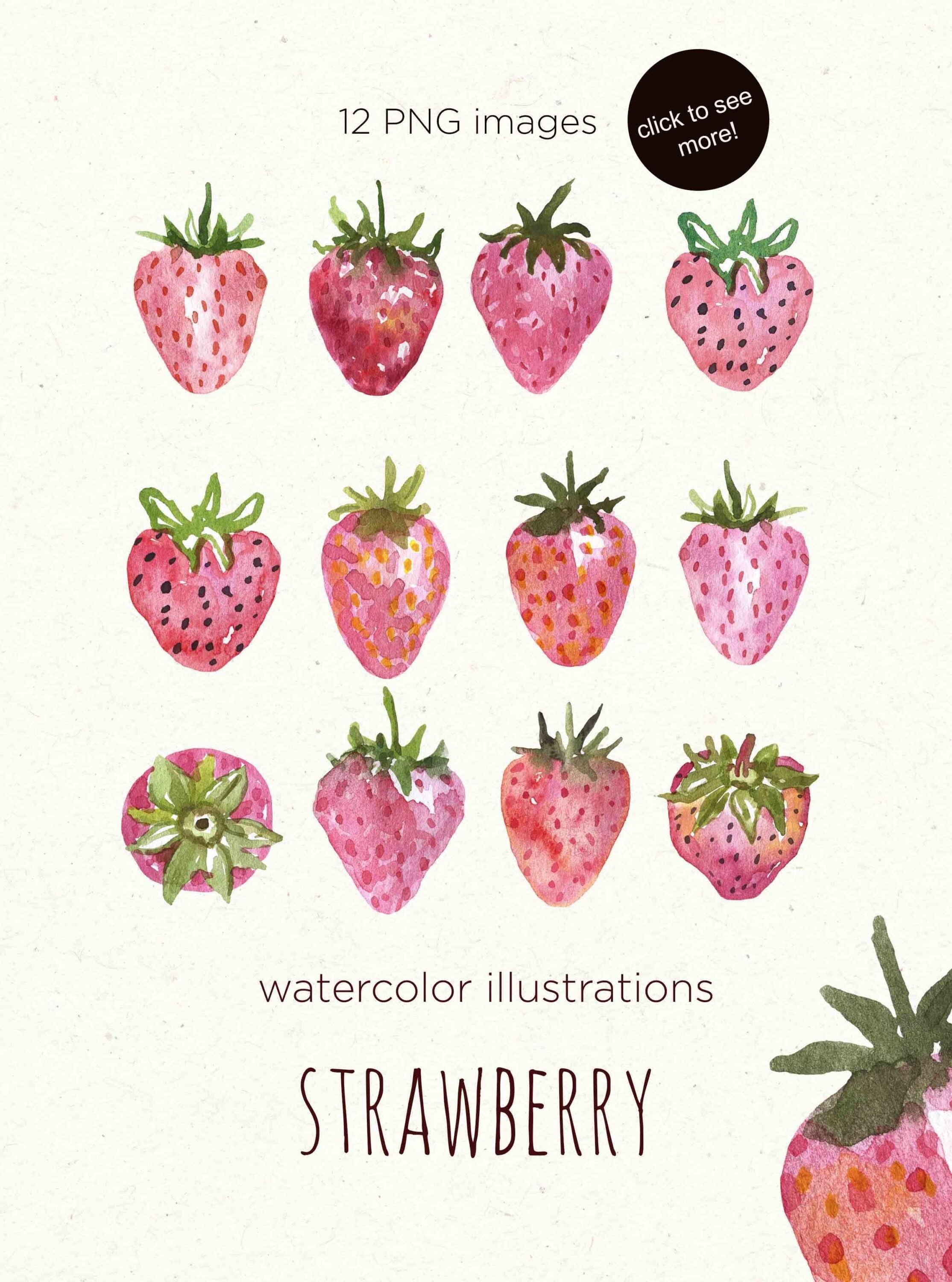 Watercolor drawings of red and pink strawberries with small black seeds.