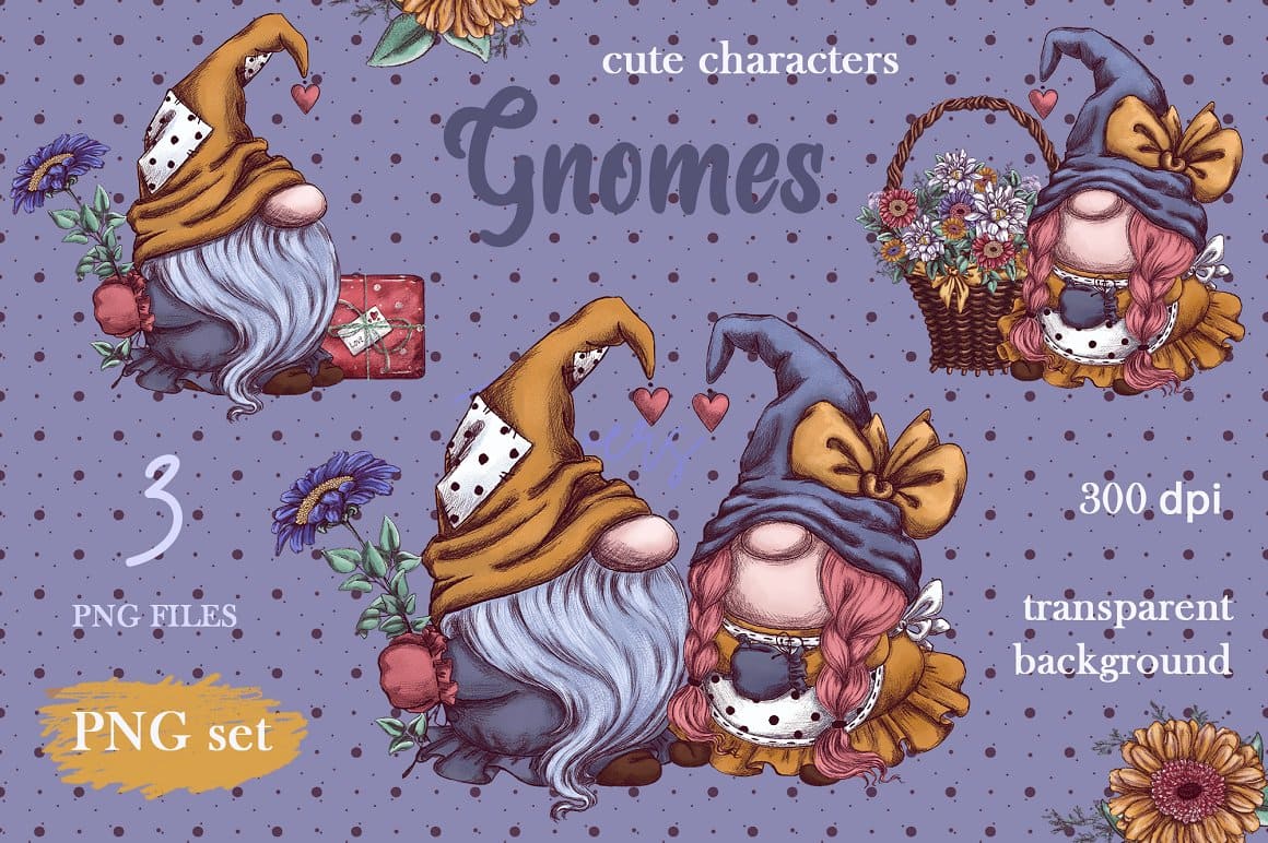 Image of gnomes with huge caps on a purple background.