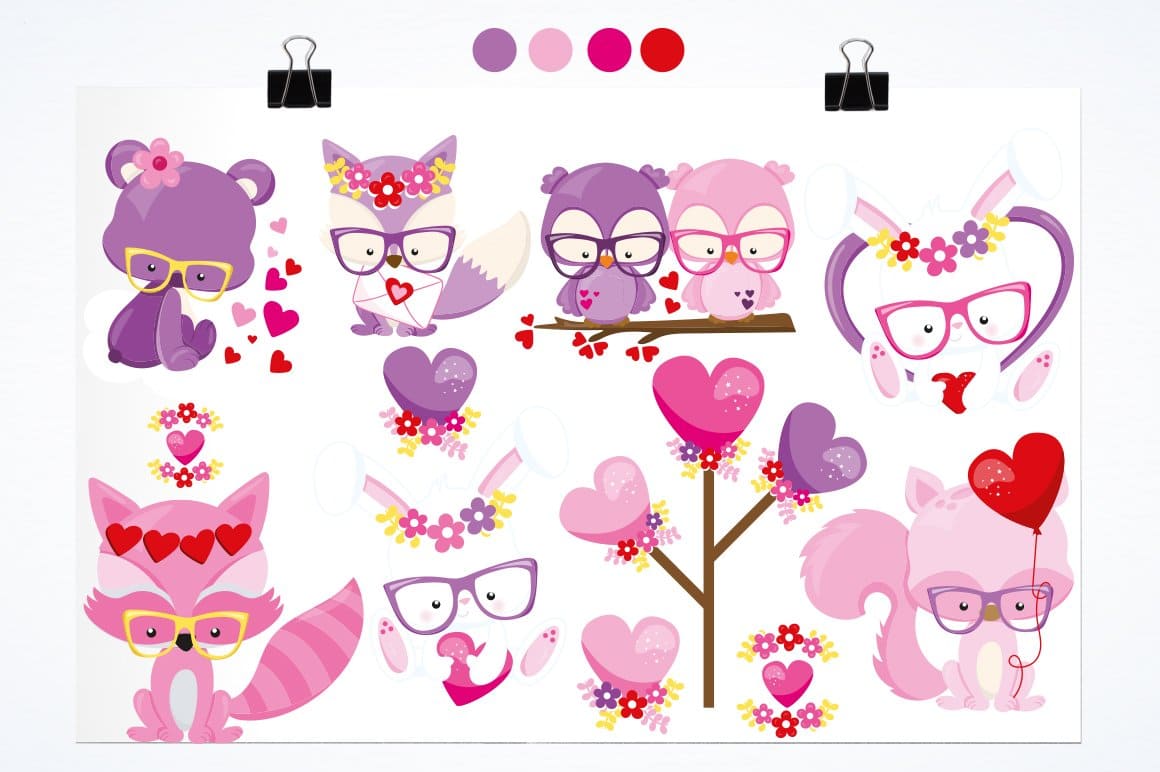 Animals in purple, pink, red and crimson colors are drawn specially for Valentine's Day.