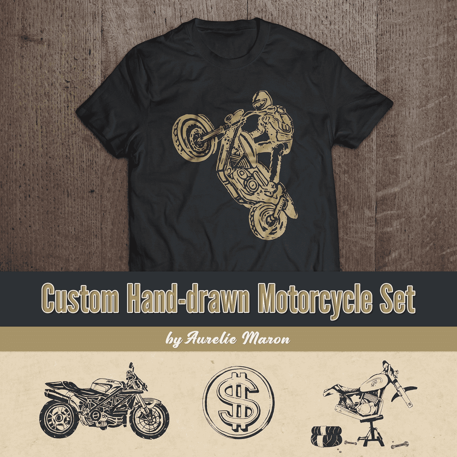 Detailed drawing of a motorcycle on a black T-shirt.