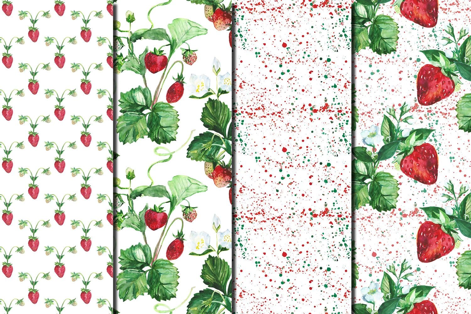 Patterns with strawberries on white, red and green backgrounds.