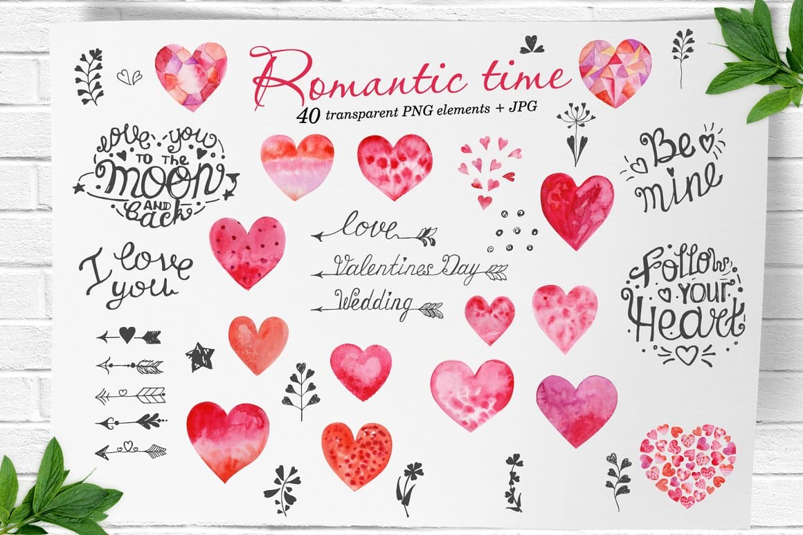 40 transparent PNG elements of romantic time.