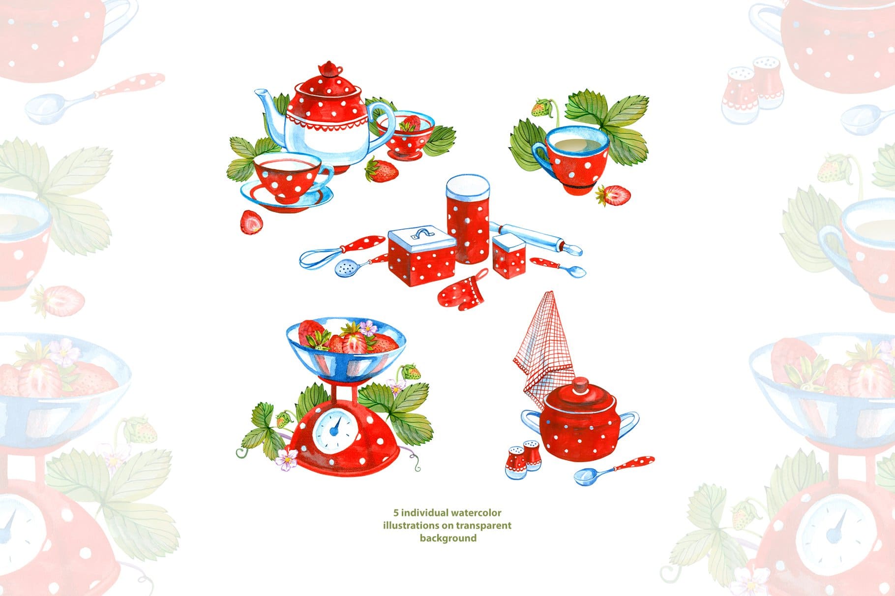 A strawberry kitchen consists of a kettle, cups, plates and other tools.