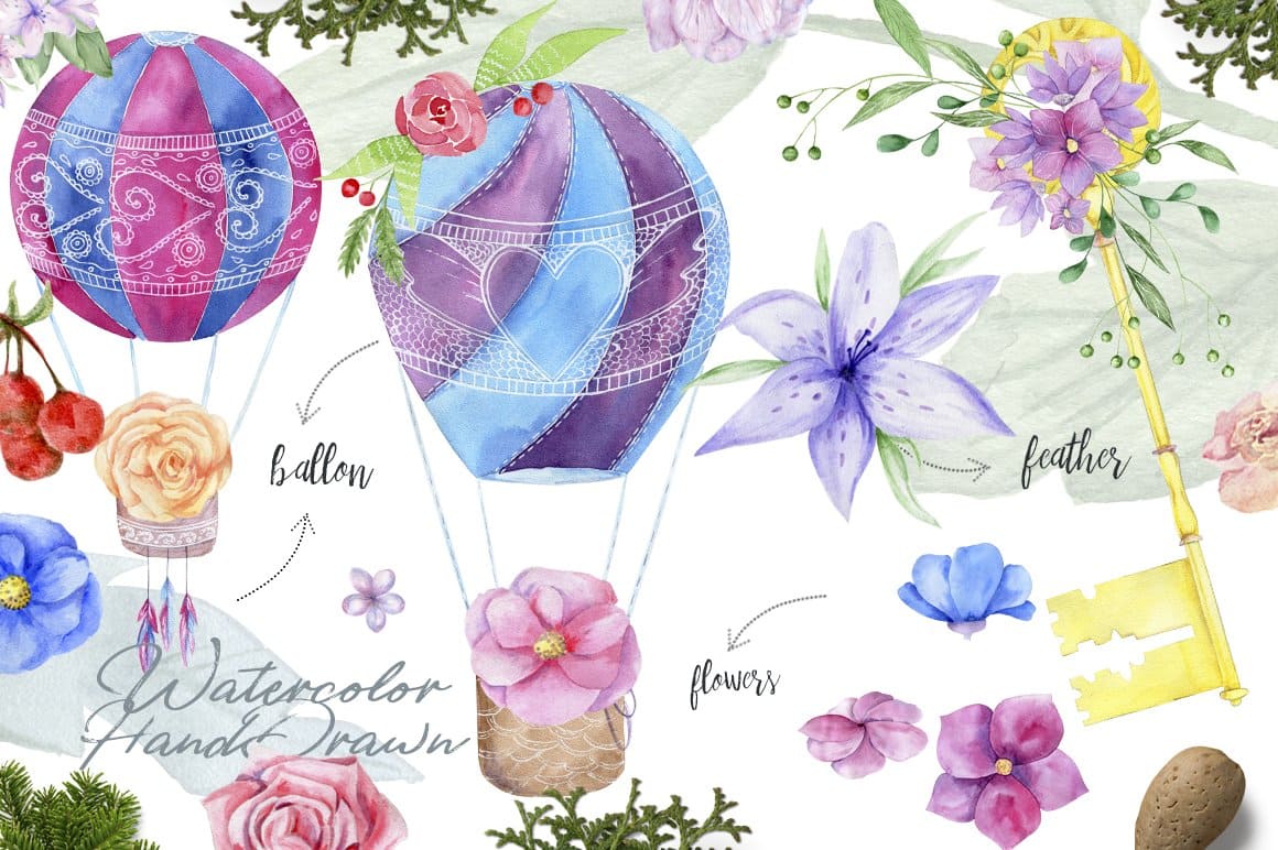 Balloons, flowers and plants with a romantic design.