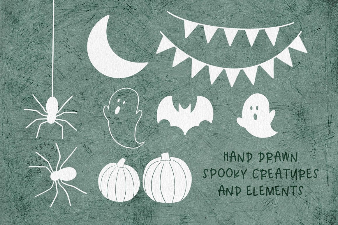 Hand drawn spooky creatures and elements.