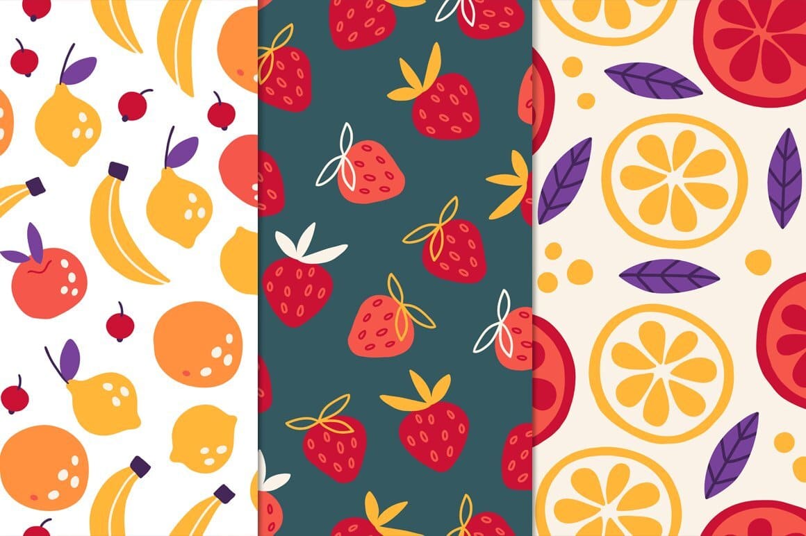 Set of citrus fruits and berries on colored backgrounds.