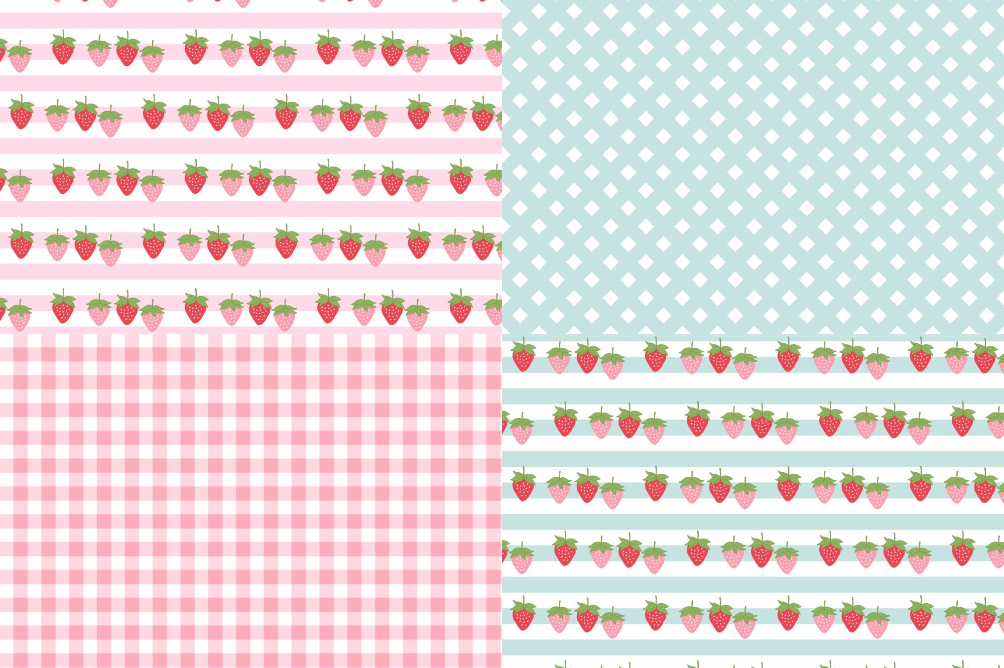 Two geometric patterns, two patterns with strawberries.