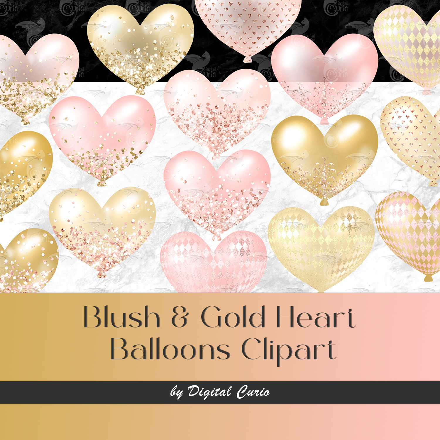 Illustration blush gold heart balloons clipart.