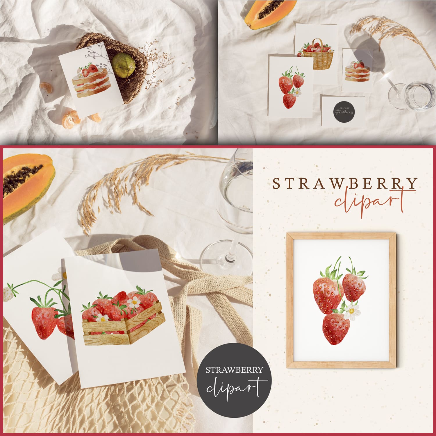 An exotic fruit, a fabric bag and postcards with a strawberry painted in watercolor lie on a white cloth.
