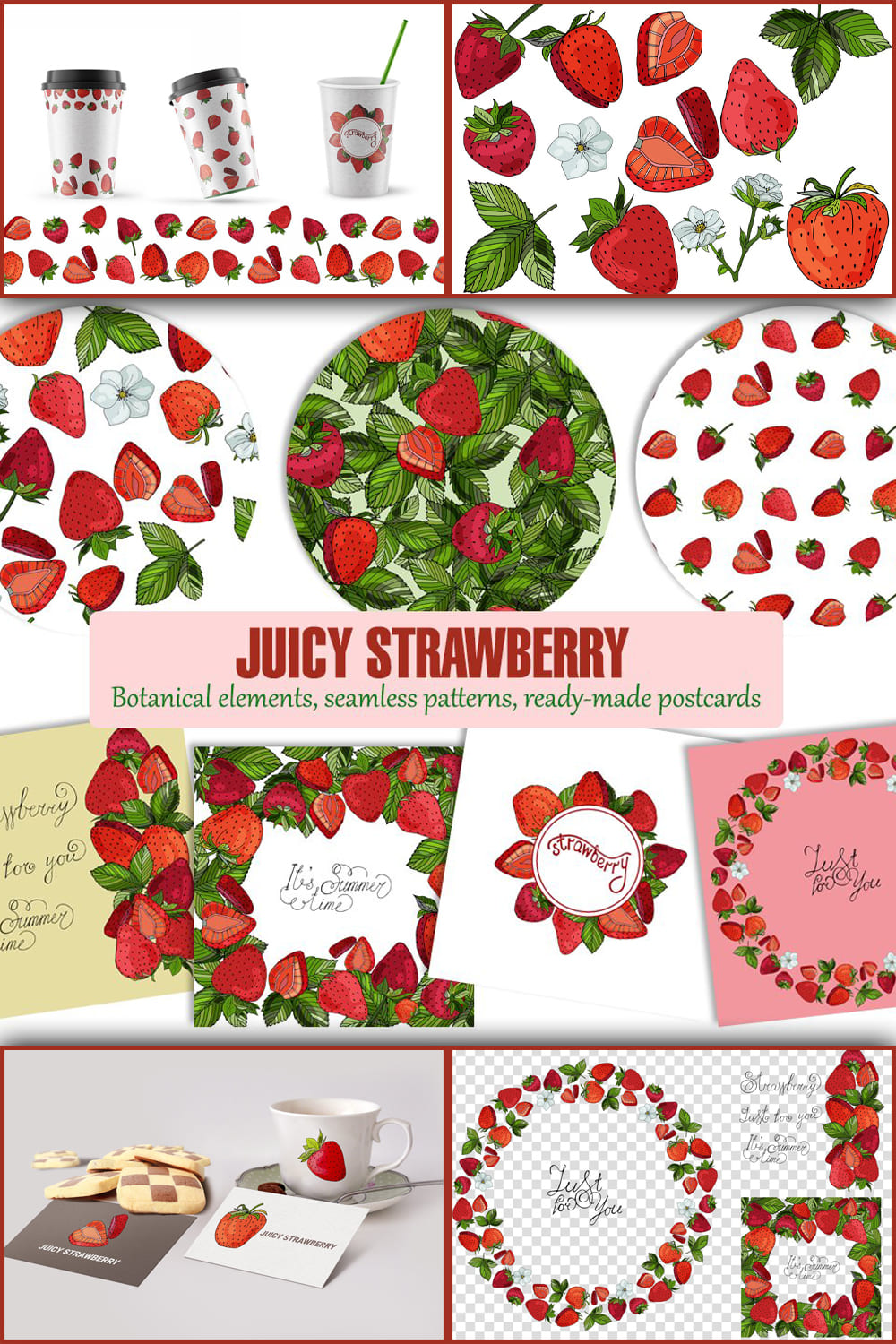 Image of strawberry berries and strawberry leaves for juice design.