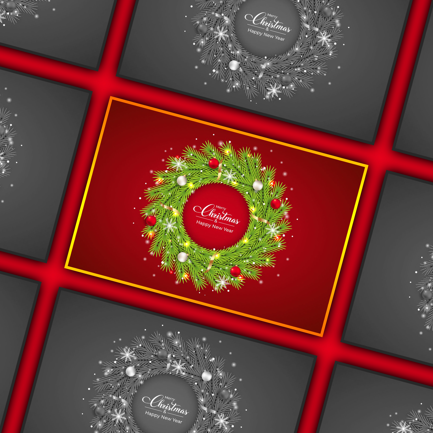Images with christmas wreath with red background.