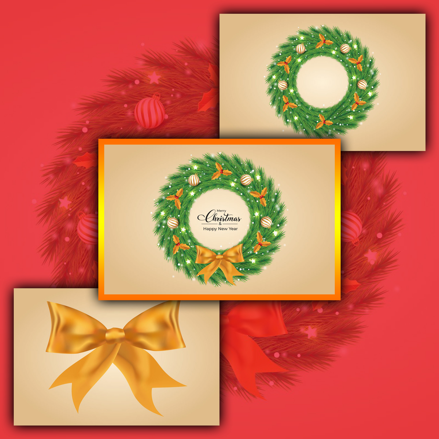 Images with christmas green wreath with golden balls.