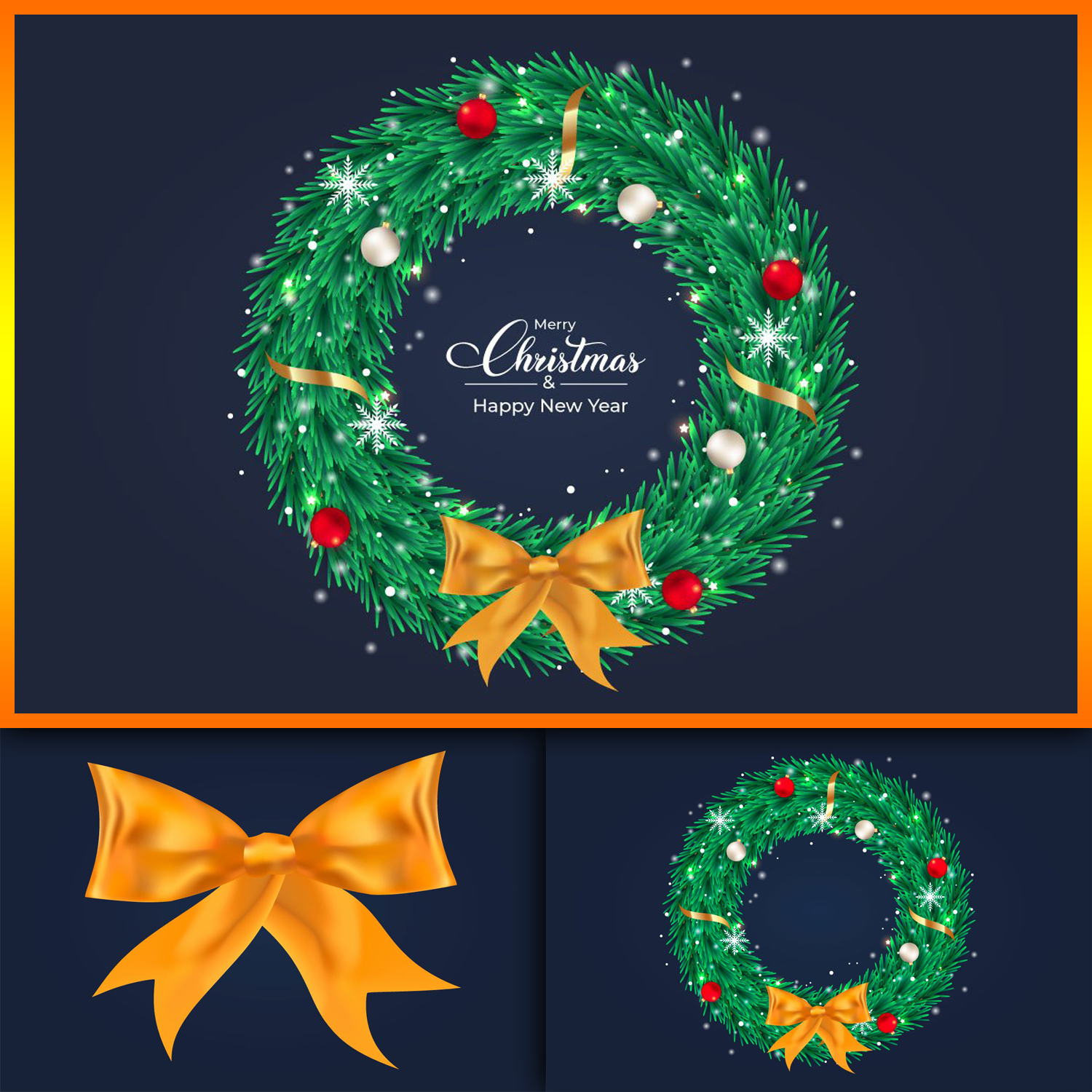 Images with christmas wreath with balls and a ribbon.