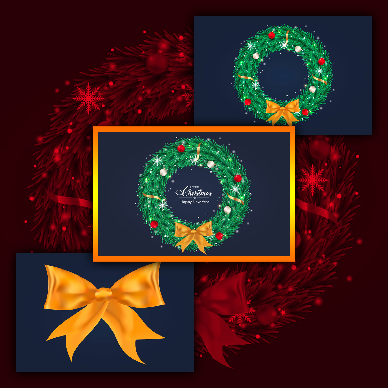 Preview christmas wreath with balls and a ribbon.