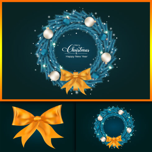 Images with christmas blue wreath with golden ribbon.