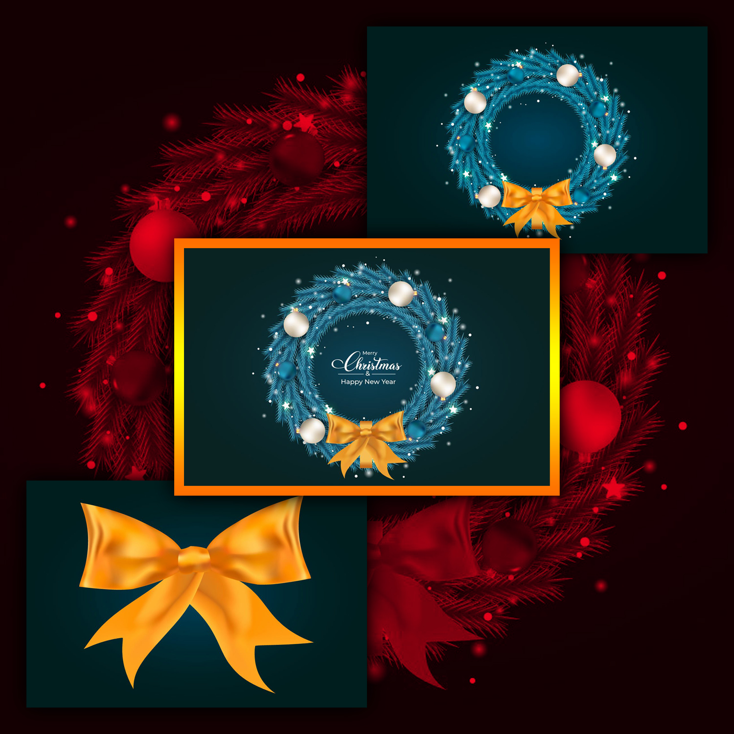 Preview christmas blue wreath with golden ribbon.